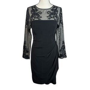 XSCAPE Cocktail Dress 14P Black Mesh Embroidered Long Sleeve Ruched Bodycon